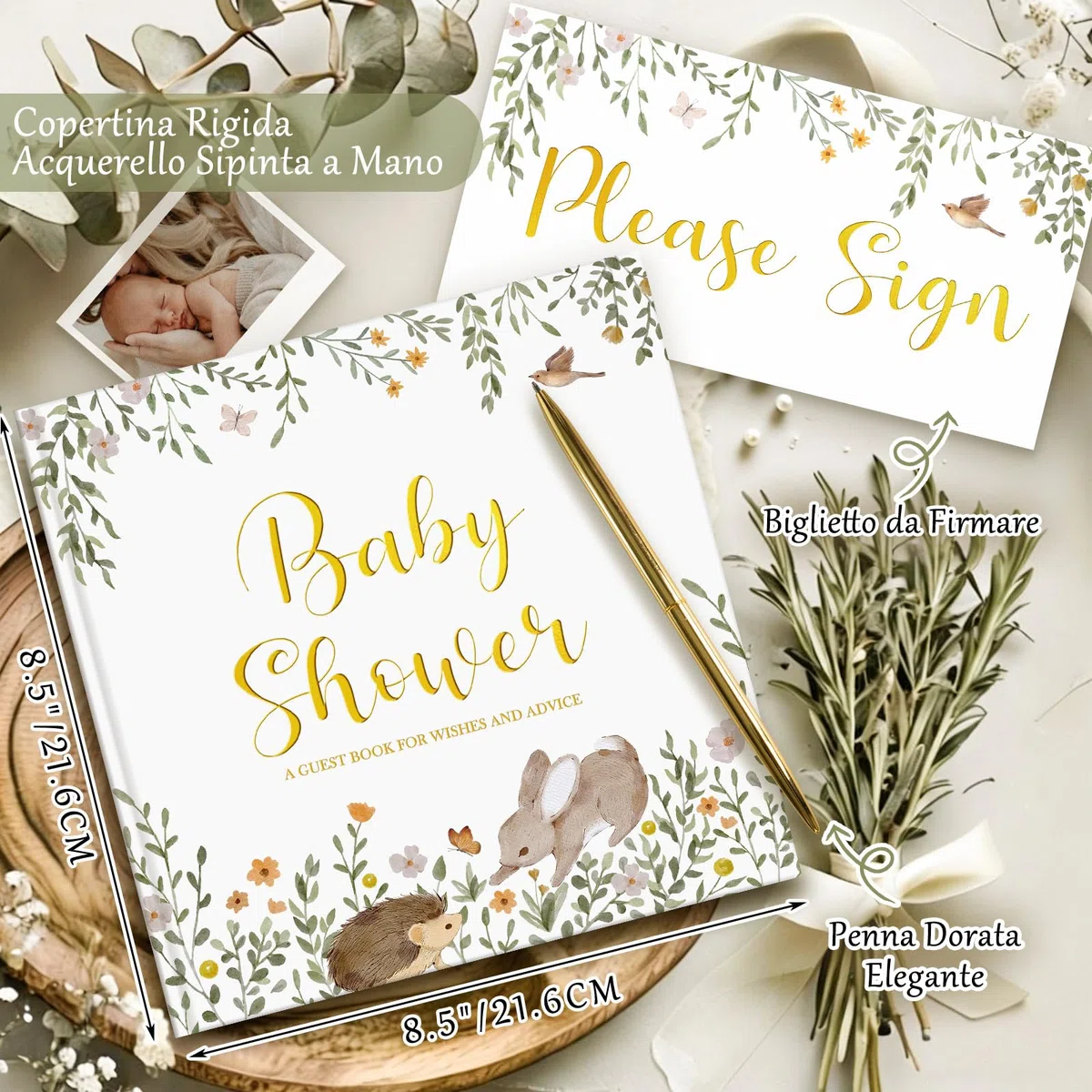 Lanpn Libro degli Ospiti per Baby Shower & Gender Reveal, Baby Shower Guest Book, Tema Neutro Animali Bosco, Album Ricordi con Messaggi, Auguri e Foto per Futuri Genitori, Inglese, 114 Pagine