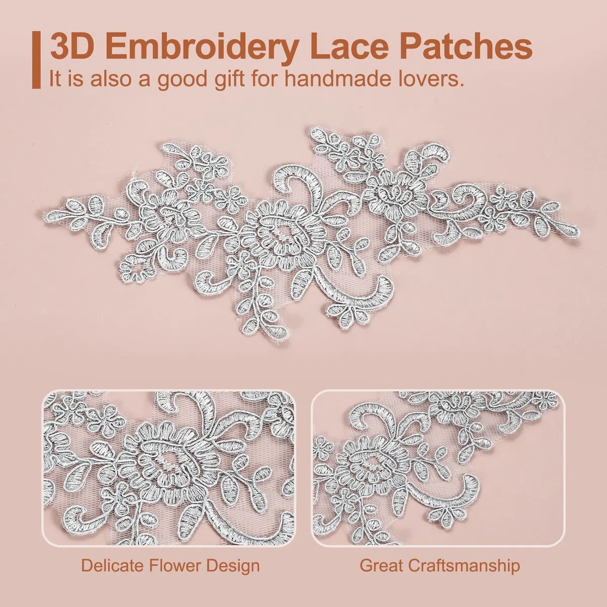 Sourcing map 4 Pezzi di Applique in Pizzo a Fiore 3D Ricamate, Toppe in Pizzo per Cucito, Aggiunte per Abito da Sposa, Abbigliamento Fai da Te, Accessori per Decorazioni, Argento (23 cm)
