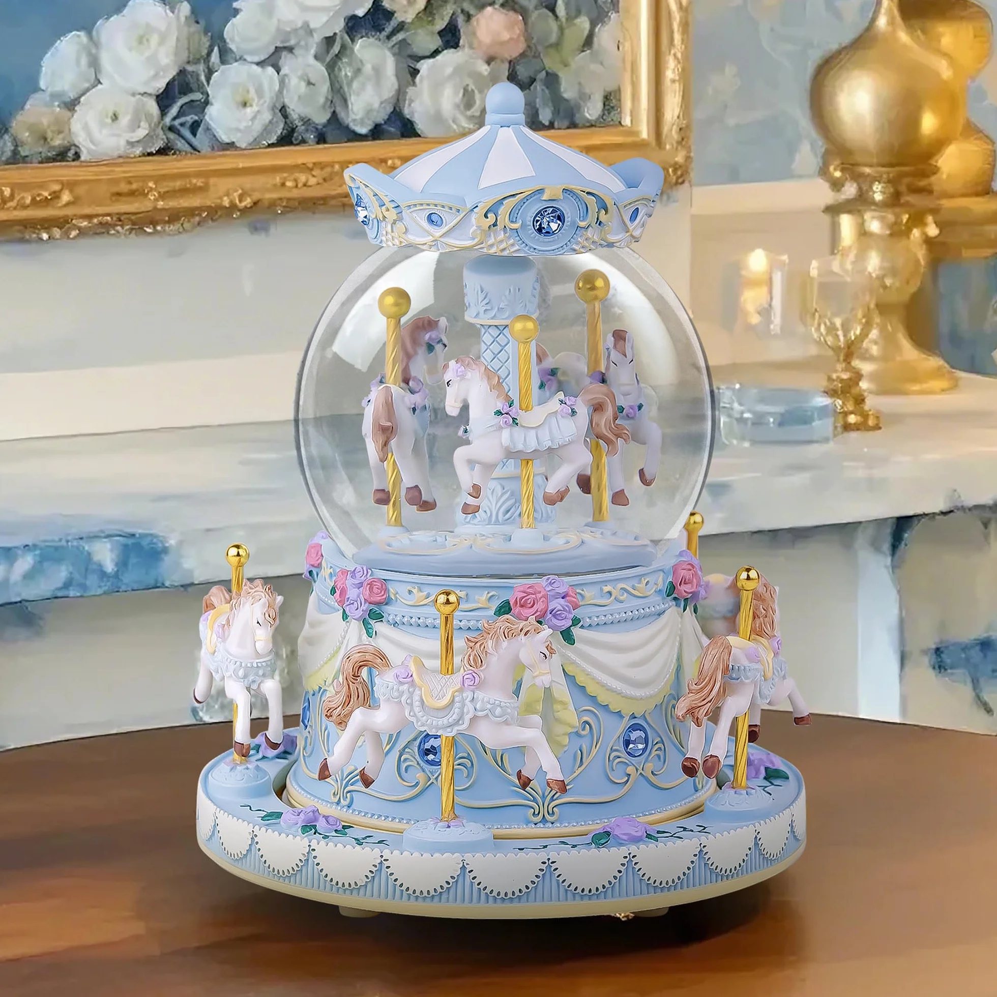 Carillon con carillon a forma di giostra, regalo di compleanno per ragazze, con carosello blu, palla di neve con cavallo, moglie, fidanzata, figlia, mamma, figlio, anniversario, festa della mamma, con