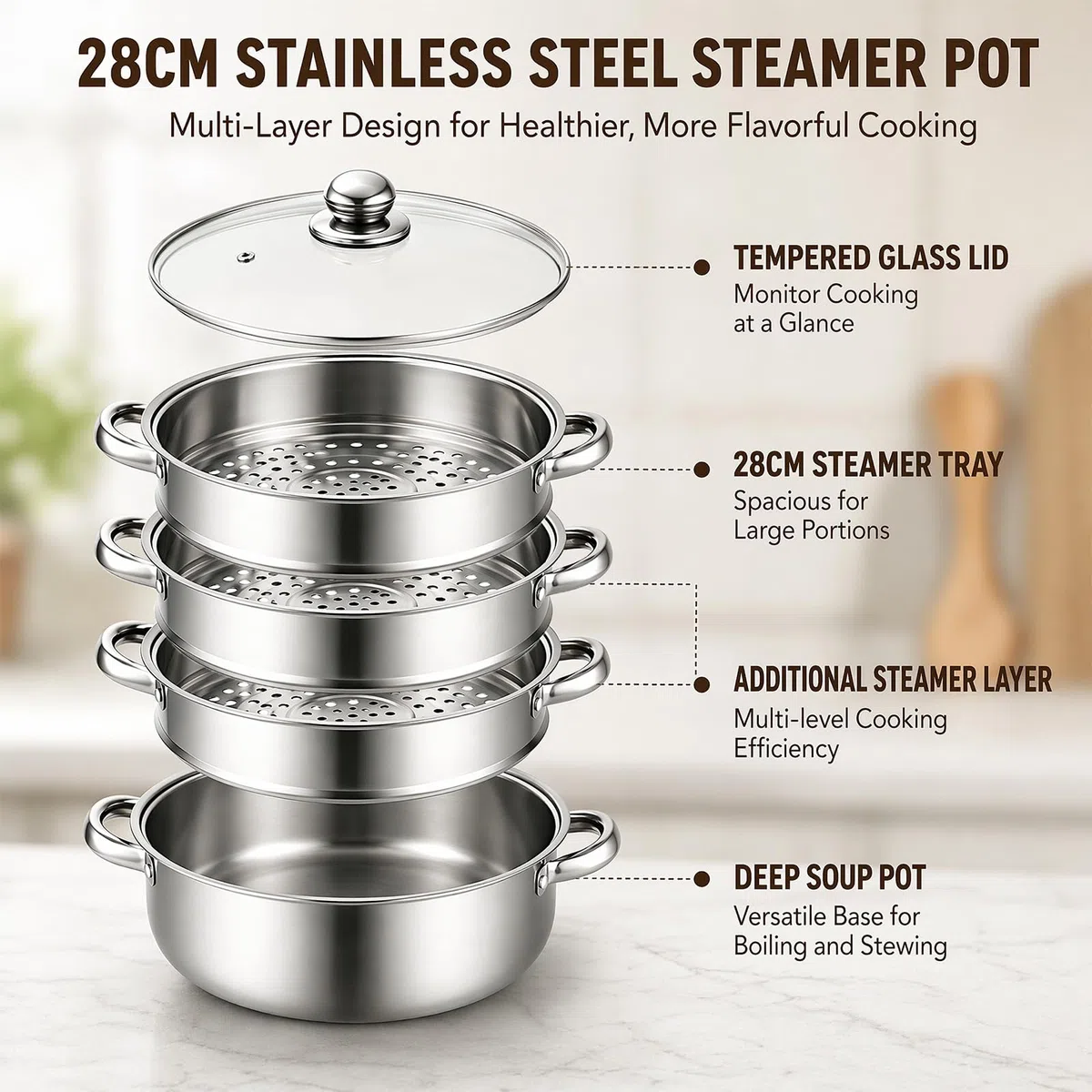 MeYuxg Pentola a vapore,28cm Vaporiera Acciaio Inox, con Inserto a Vapore e Coperchio in Vetro,pentole a 3/4 Vaporiera Pentola per cottura a vapore, zuppa, pasta, pesce (Quattro)