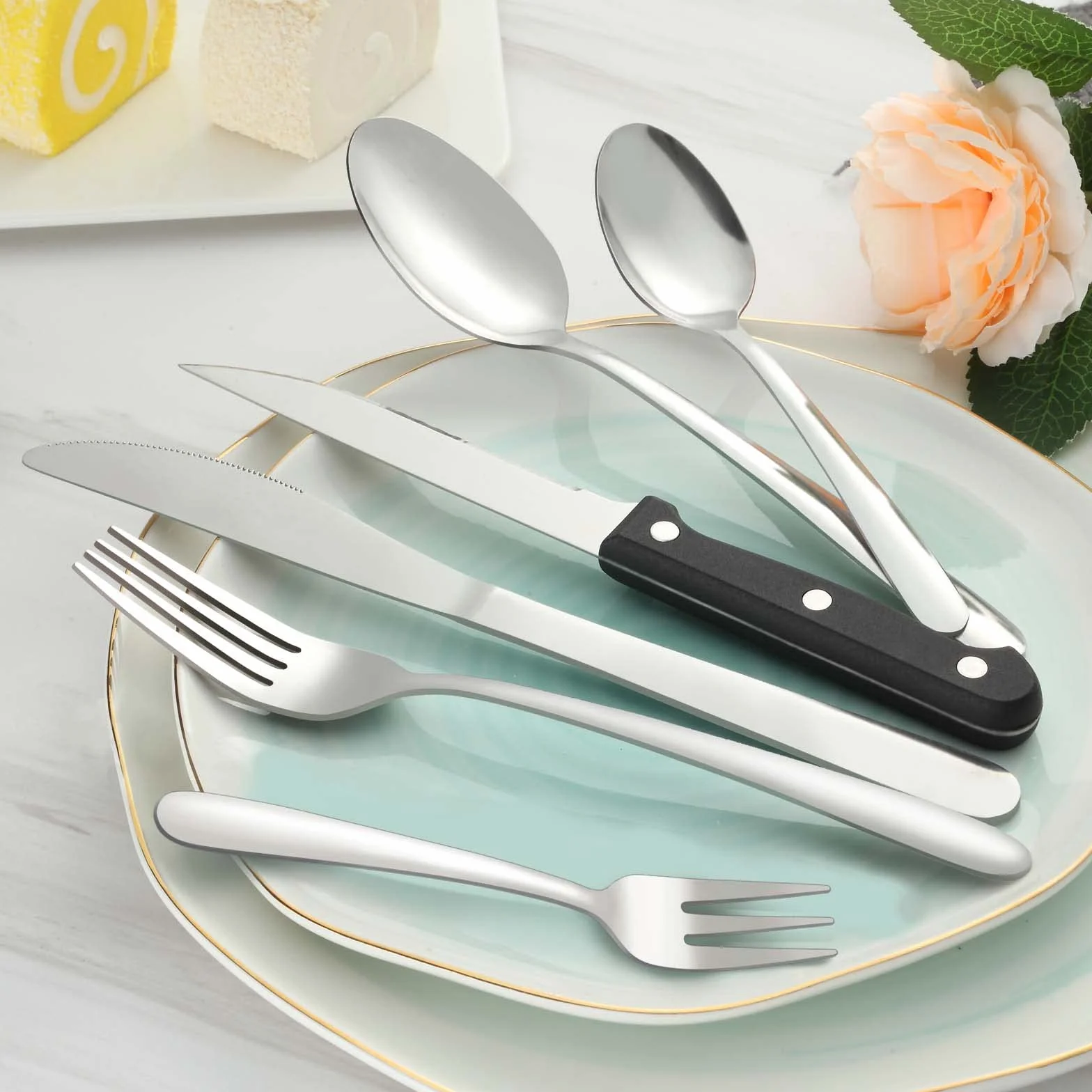 Pleafind set posate da 72 pezzi, acciaio inox 12 persone per uso alimentare, in argento con coltello, cucchiaio, forchetta, coltello da bistecca, lavabili in lavastoviglie