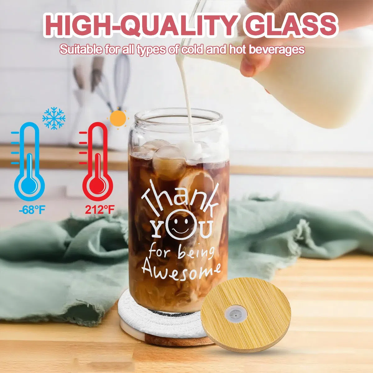 Bicchiere con coperchio e cannuccia, bicchieri da cocktail con sottobicchiere, bicchieri da birra da 500ML, set di bicchieri adatti per tazze di caffè freddo, limonate, frullati, birra