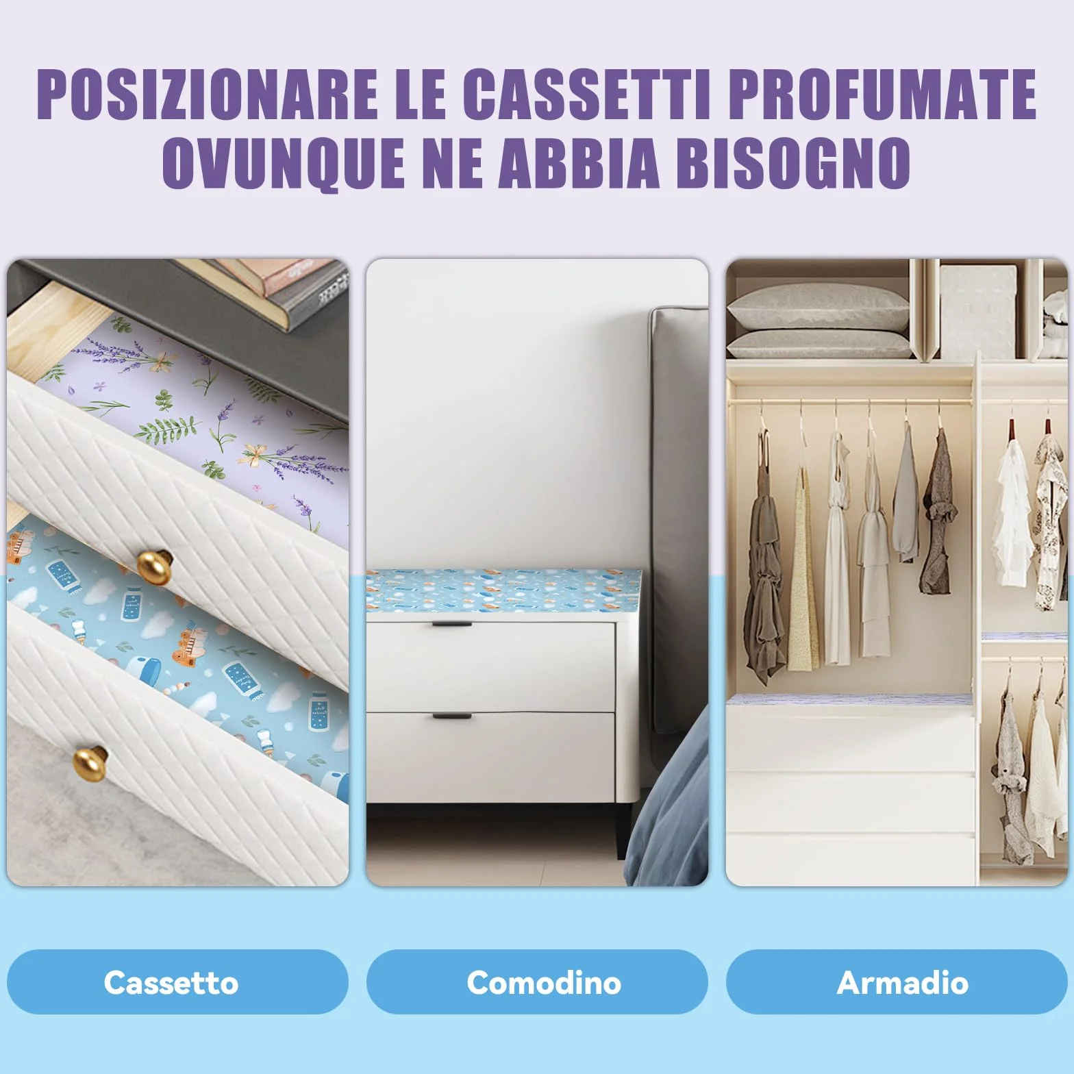 SCENTORINI Carta Profumata per Cassetti, 12 Fogli, Misura 36.5x52cm, Aroma di Lavanda e Talco per Bambini per Cassetti, Armadio, Decorazione Profumata Carta da Regalo
