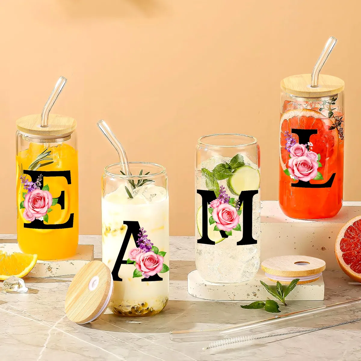 Bicchiere con Cannuccia in Vetro con Coperchio e Portachiavi a Lettera, Tazza Personalizzata, Regalo Donna per la Festa Della Mamma, San Valentino o Natale (S)