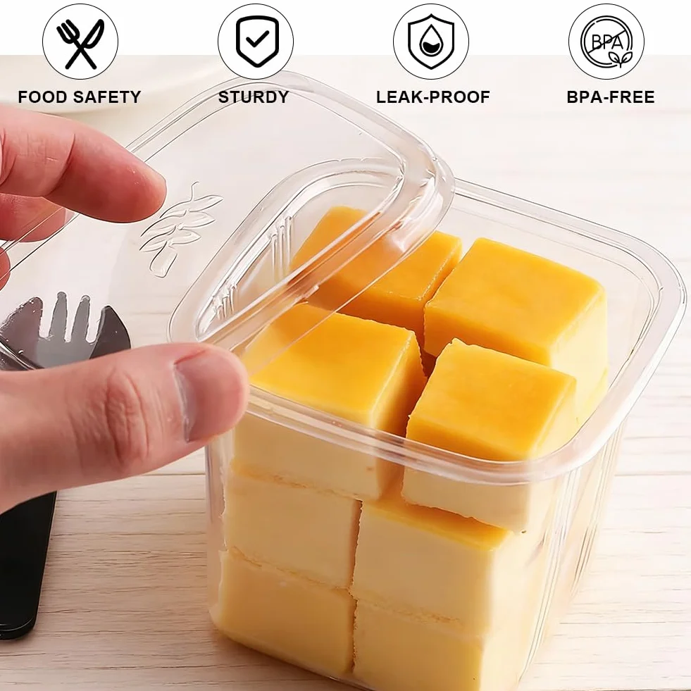 50 bicchieri da dessert rettangolari in plastica, con coperchio, 360 ml, trasparenti, con 50 cucchiai, riutilizzabili, in plastica quadrata per dessert, mousse, tiramisù