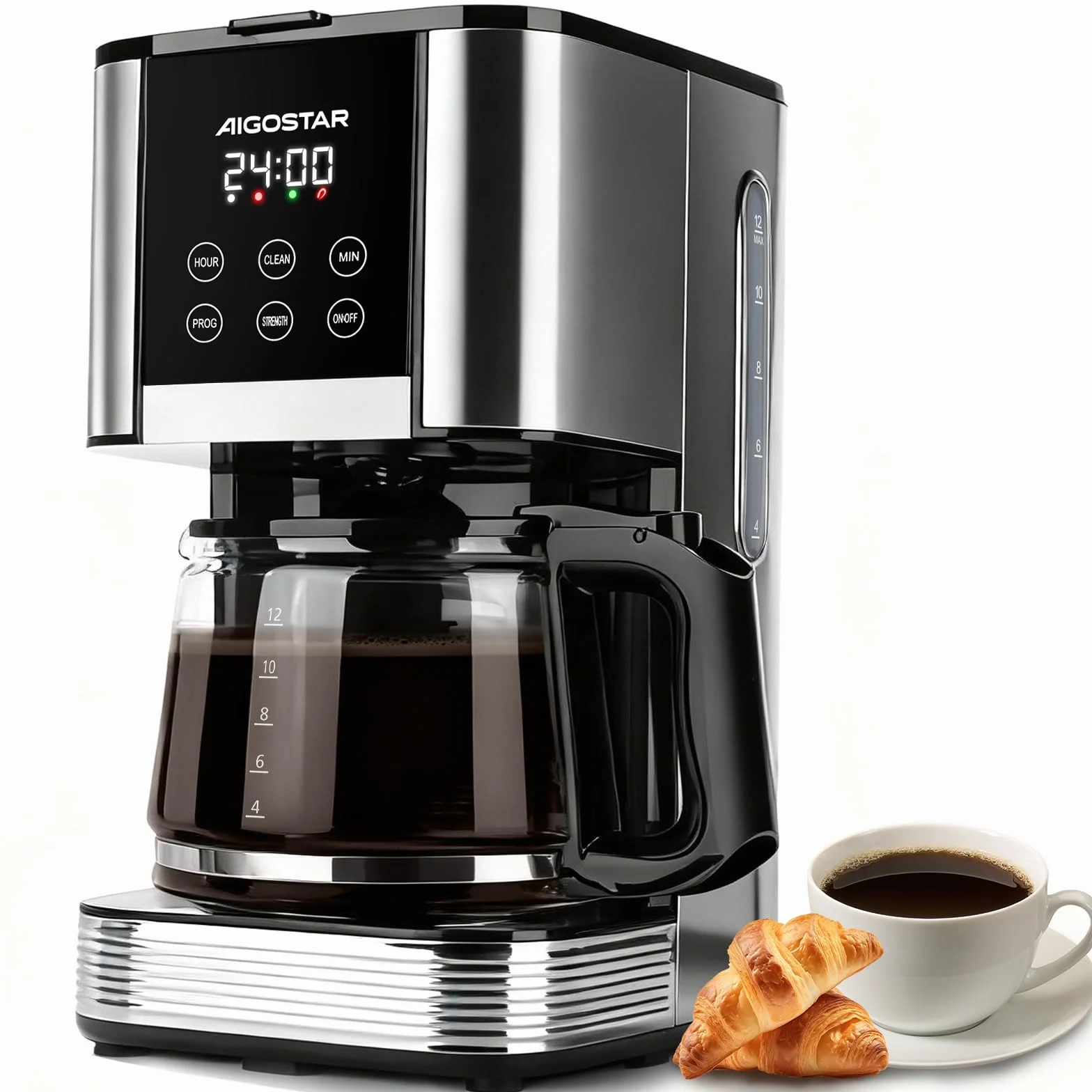 Aigostar - Macchina Caffè Americano, 1000W, Programmabile 24h con Display LCD, Autopulizia, 1.5L (12 Tazze), Regolazione Intensità, Filtro Riutilizzabile, Antigoccia, Piastra Riscaldante, BPA FREE