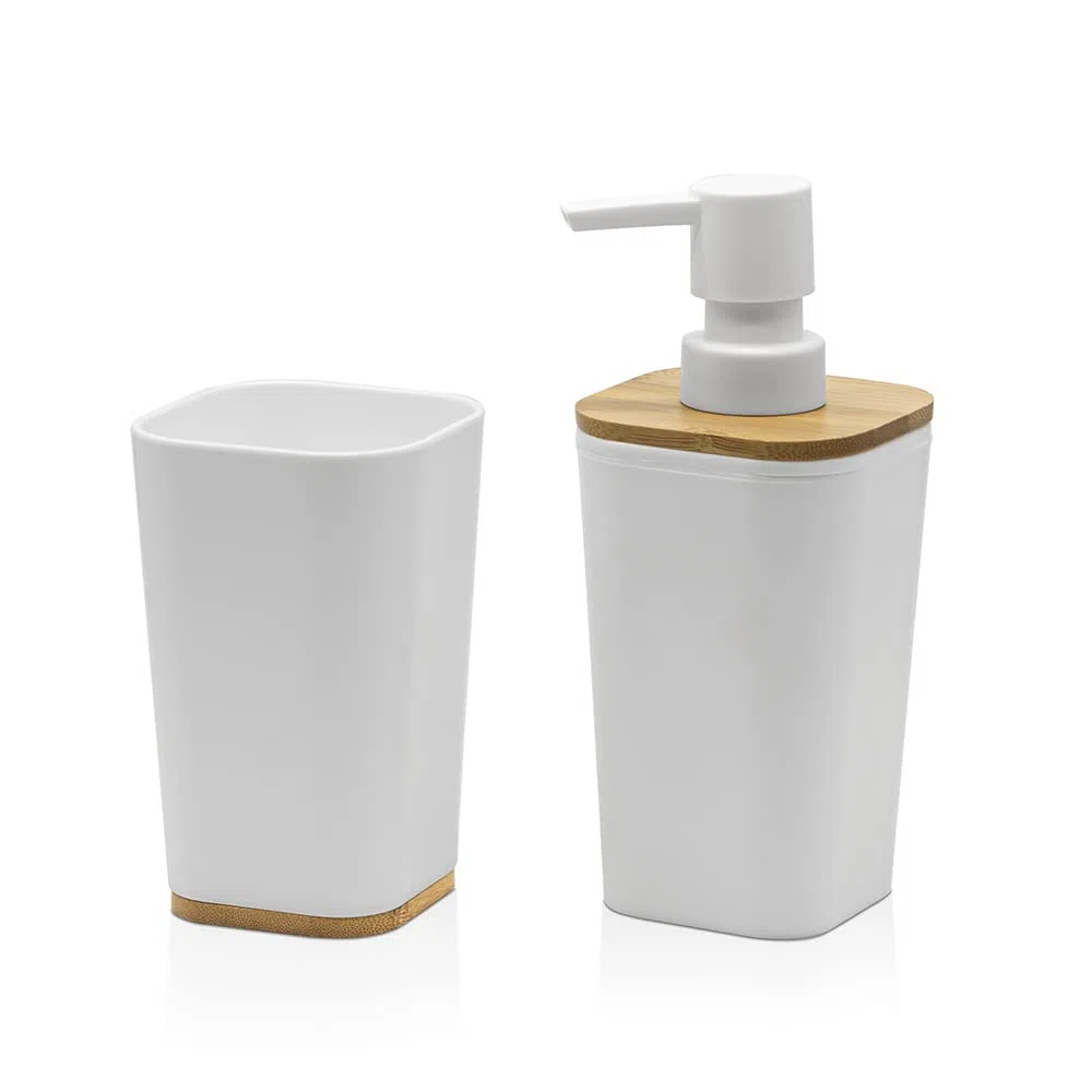 Set Accessori Bagno in Finitura Bianca Opaca con Dettagli in Bamboo, Completo di Dispenser Sapone Liquido e Porta spazzolini