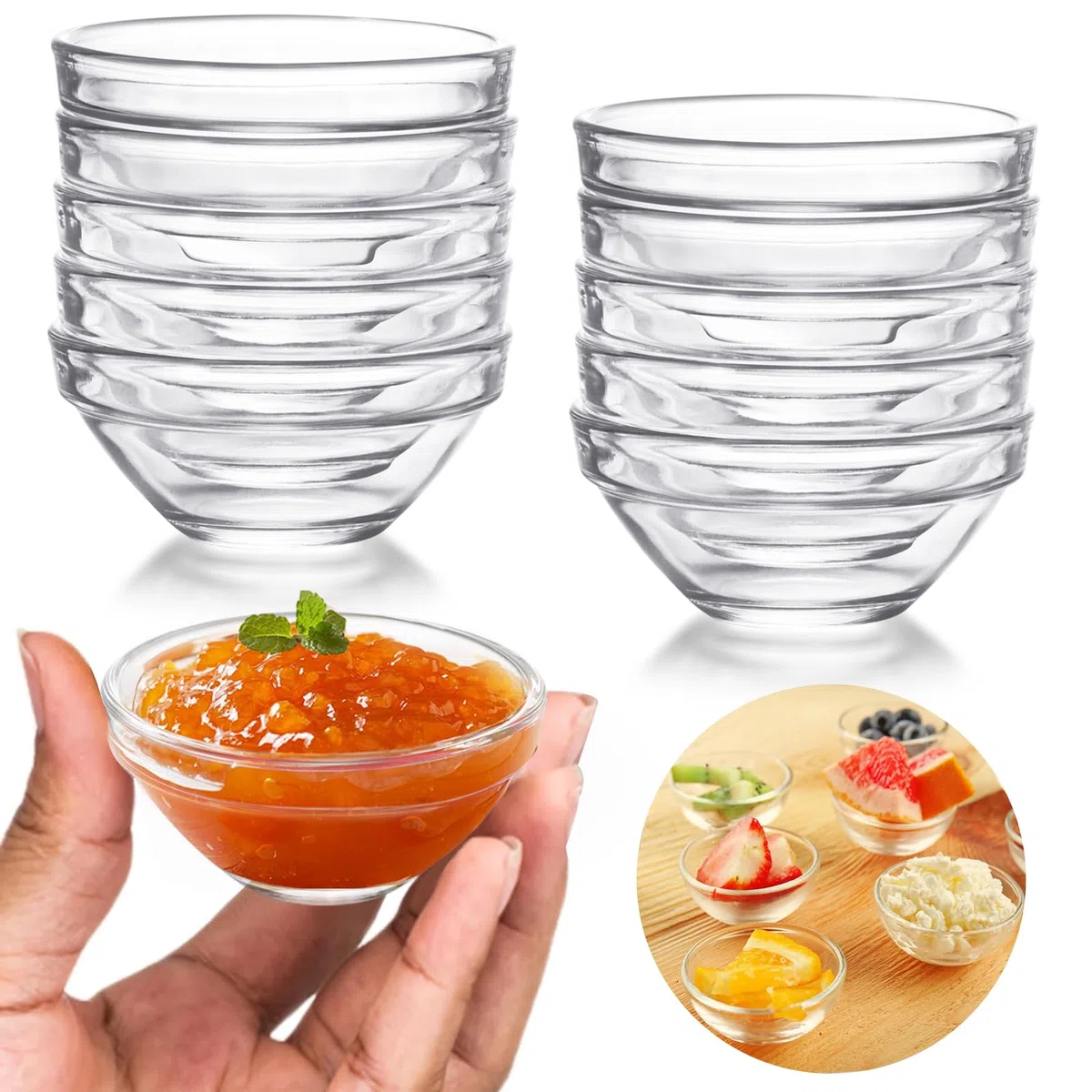 10 Pezzi Ciotole in Vetro, Ø 7,5 cm, Ciotole Vetro Piccole 75 ml, Ciotoline per Salse, Mini Ciotoline per Aperitivo, Coppette Macedonia Piccole, Mini Ciotola Cuisine