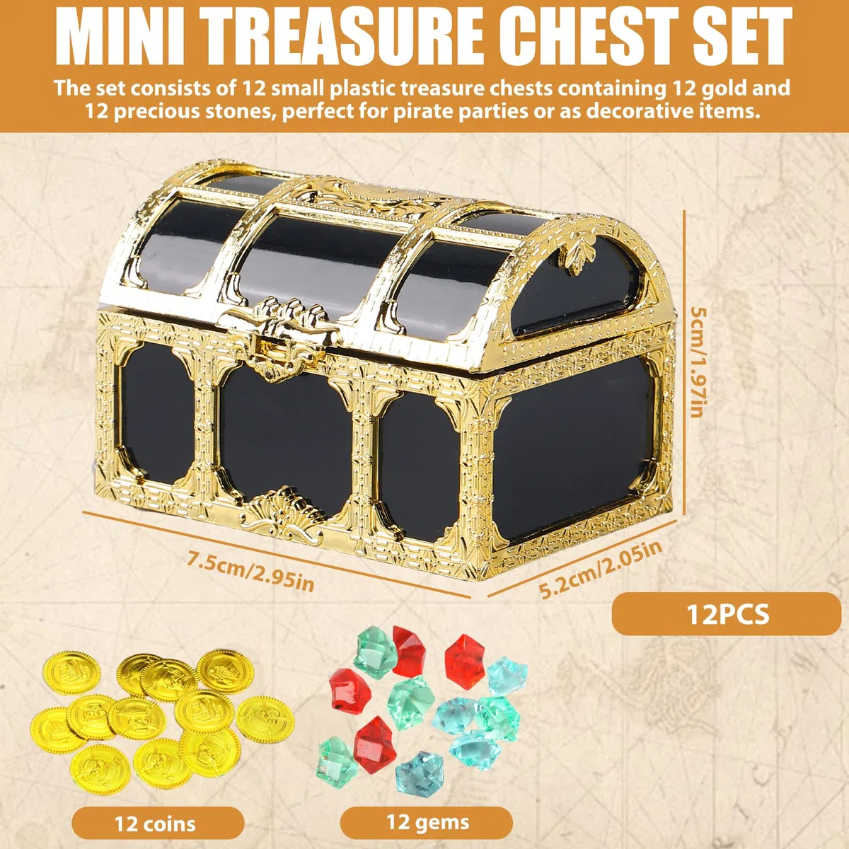 12 mini scrigno del tesoro dei pirati: piccolo scrigno del tesoro in plastica con 12 monete d'oro e 12 pietre preziose, scrigno del tesoro per feste dei pirati, decorazione 7,5 x 5,2 x 5 cm