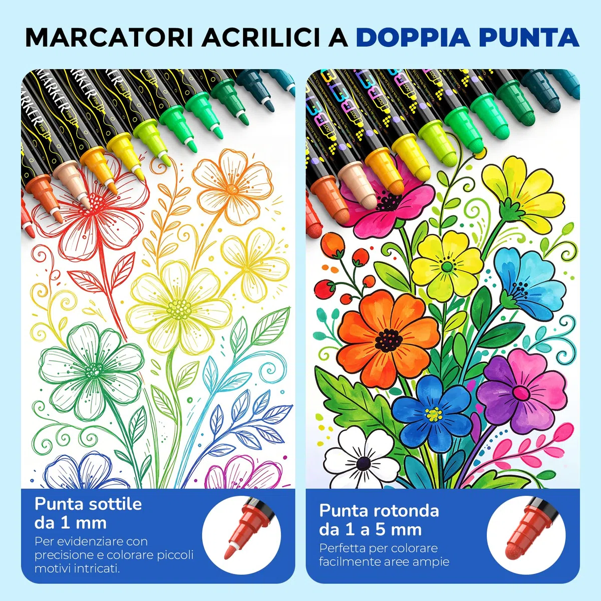 Betem 24 Colori Pennarelli Acrilici Doppia Punta, Pennarelli per Tessuti, Sassi, Dipingere, Legno, Roccia, Pietra, Vetro, Ceramica, Acrylic Marker per Tela