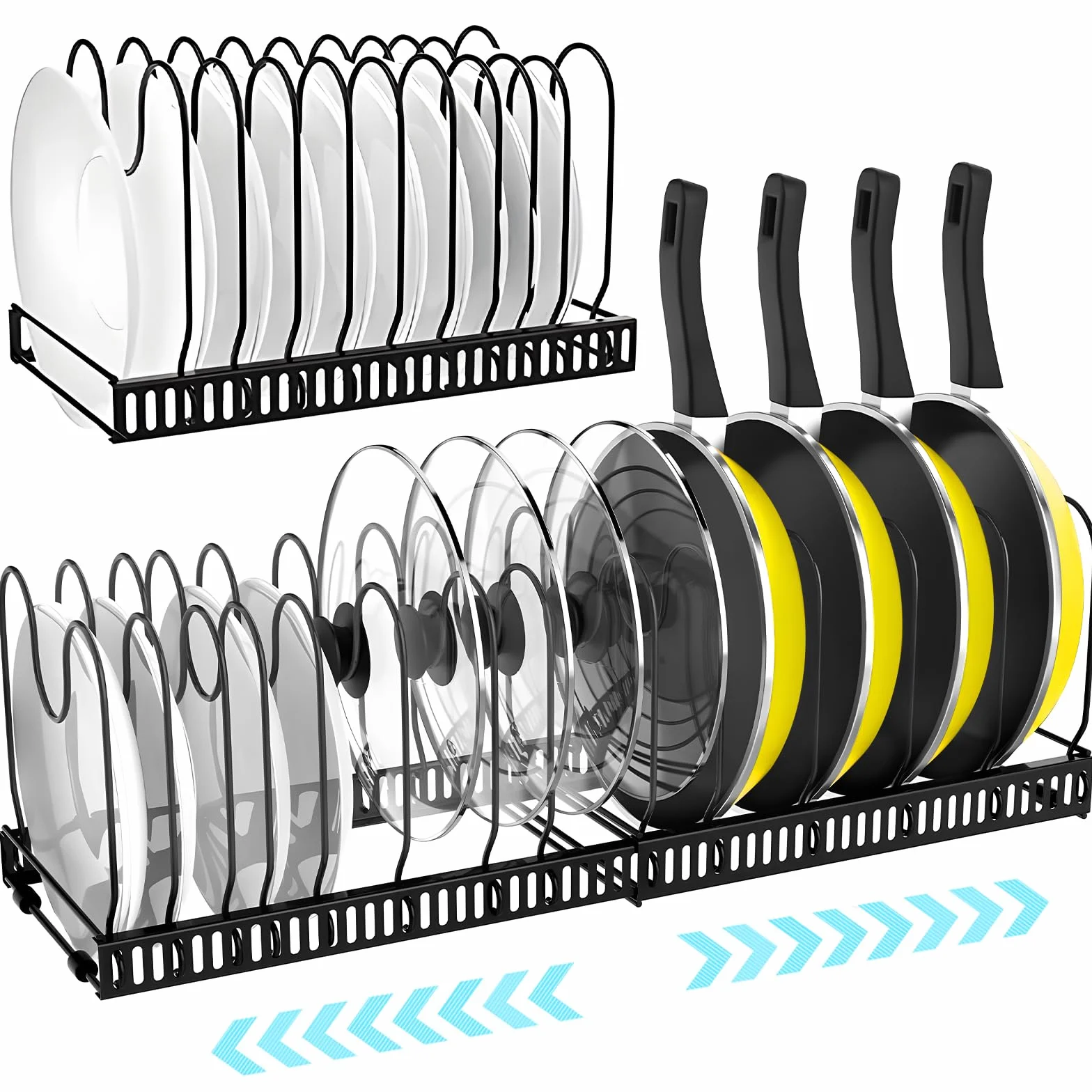 ZLPBAO Porta Coperchi Pentole Allungabile con 14 Scomparti Regolabili, Porta padelle allungabile per padelle, coperchi e Piatti, Supporto in Metallo, Contenitore Da Cucina