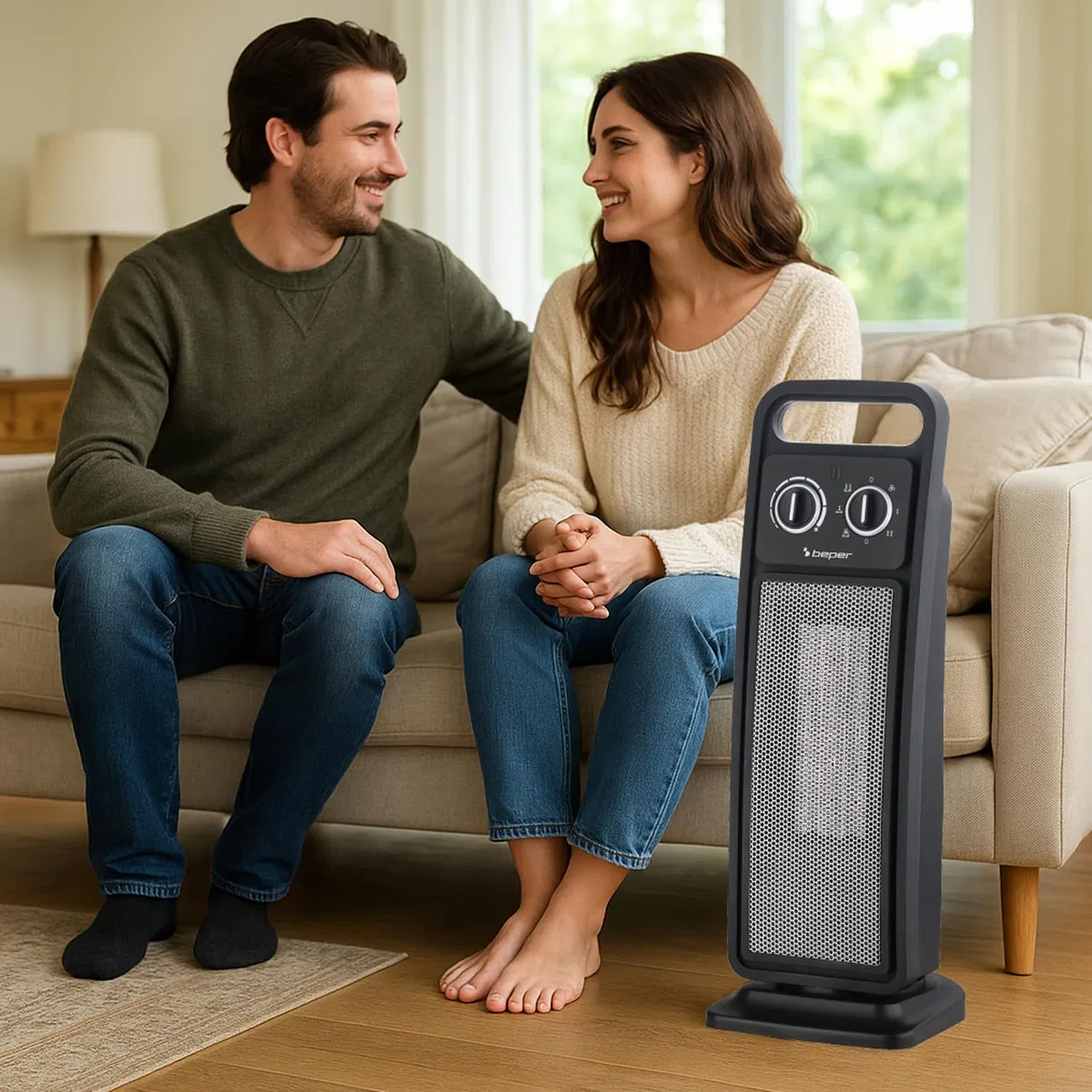 BEPER P203TER002 Termoventilatore Ceramico a Torretta, Stufetta Elettrica 2000W con Oscillazione Automatica, Termostato Regolabile, 2 potenze, Sicuro con Autospegnimento