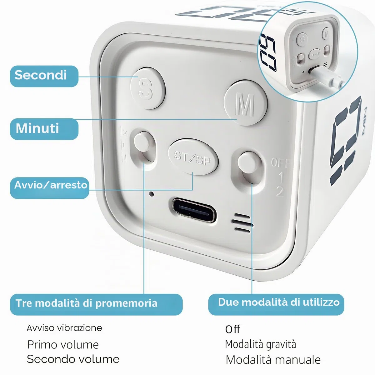 QUMOX Timer Cubo 5 10 30 60 Minuti, Timer Digitale Ricaricabile con Sensore di Gravità, Modalità Manuale, Vibrazione e 2 Livelli di Volume, Timer Portatile per Studio, Lavoro, Cucina (Bianco)