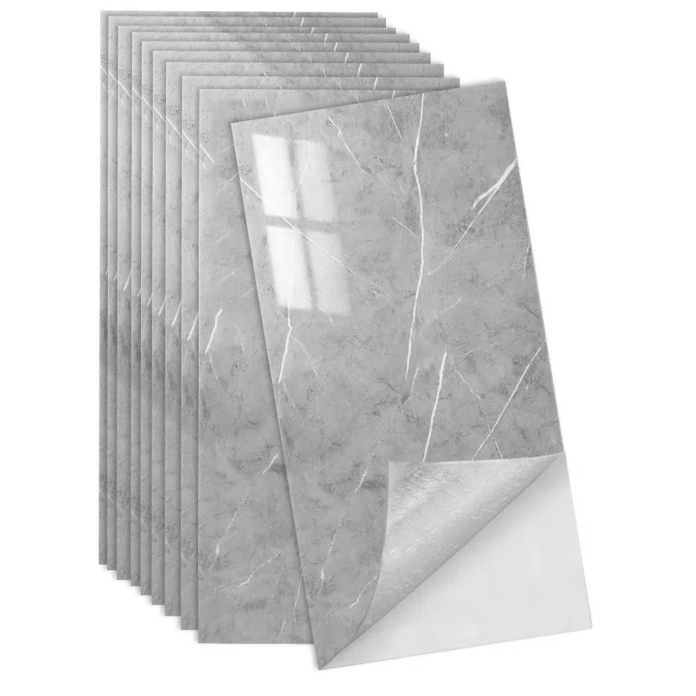 Set di 10 adesivi per piastrelle, effetto marmo, 60 x 30 cm, piastrelle autoadesive, impermeabili, effetto pietra, pannelli da parete per cucina e bagno, ristrutturazione paraspruzzi (grigio fulmine)