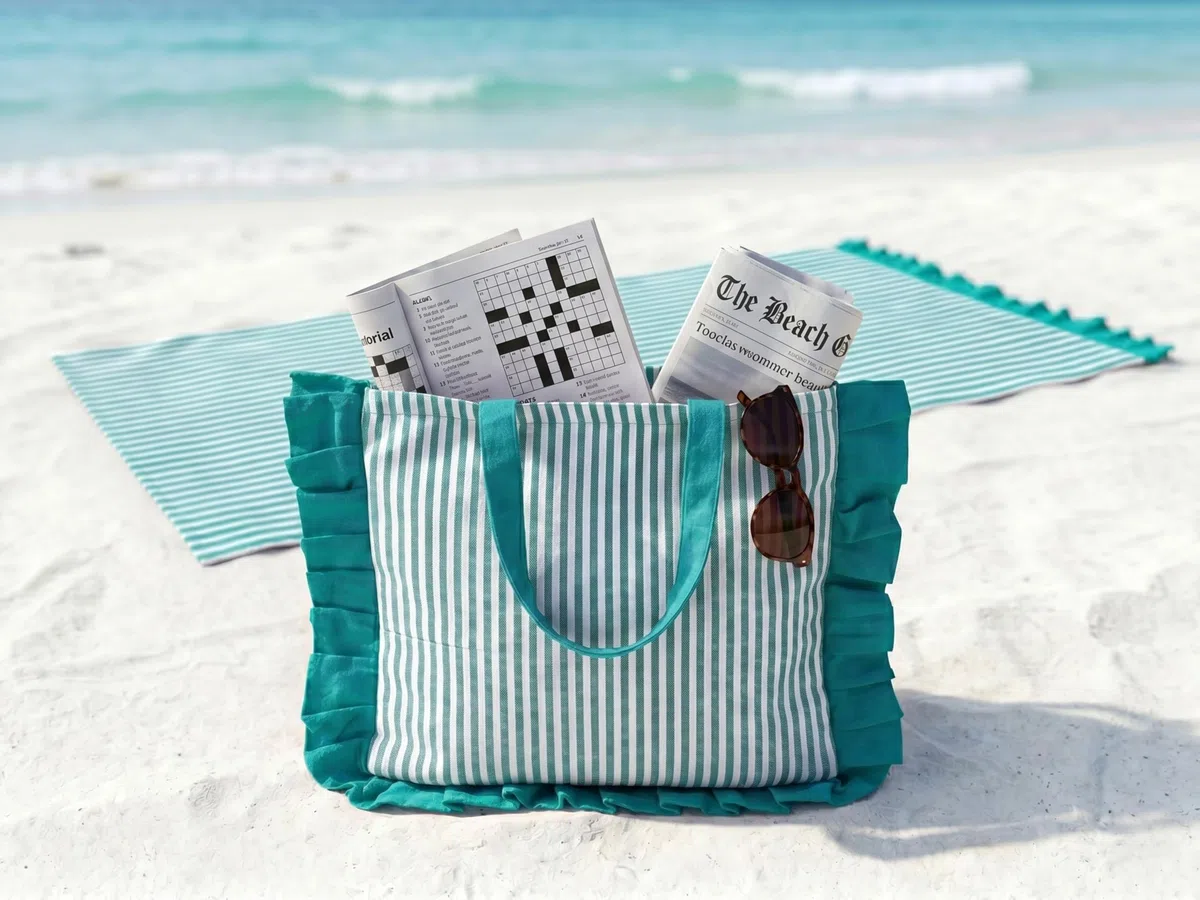 o-day Telo Mare Cotone Leggero con Frill 180x80cm Asciugamano Mare con Borsa Coordinata Set Spiaggia Elegante a Righe (Tiffany)