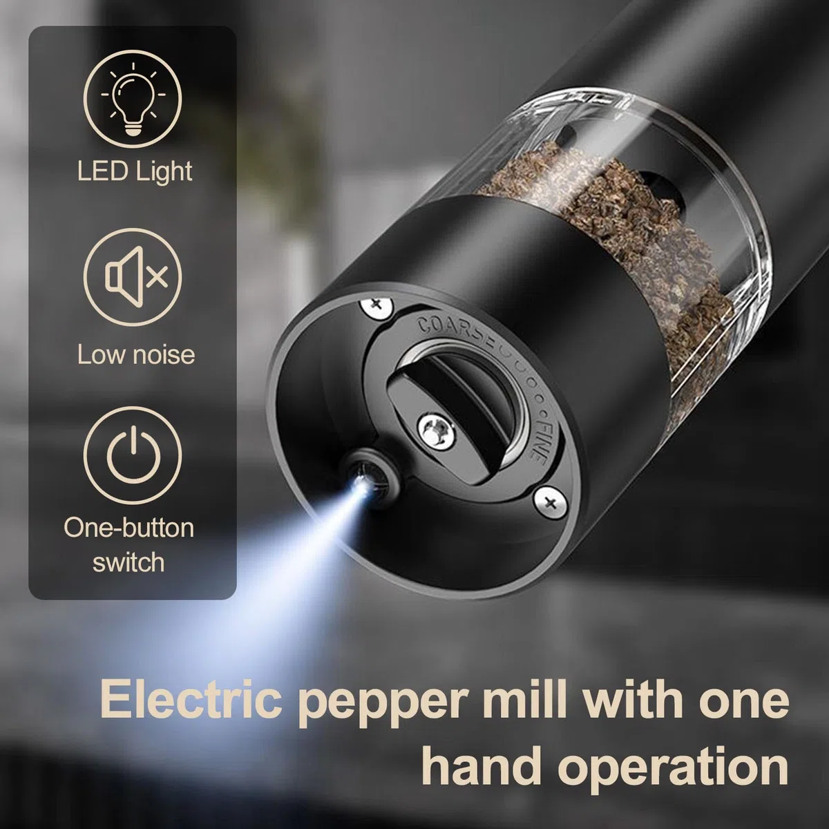 Set di 2 macina sale e pepe, macinapepe ricaricabile, contenitore trasparente da 95 ml, grande capacità, macinapepe e macina regolabile, base, luce LED (nero)