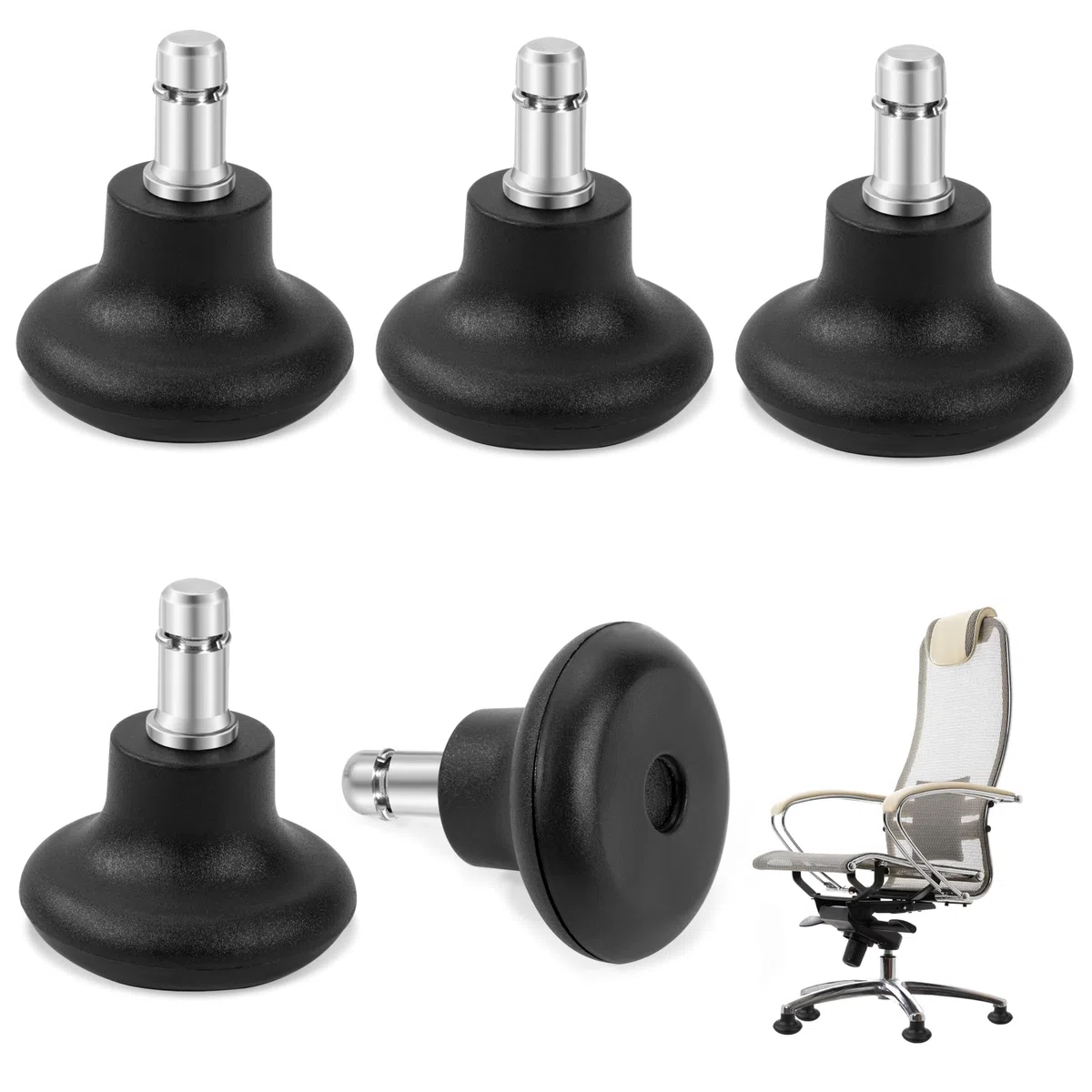 Piedini Fissi per Sedie Girevoli Piedini Rotelle per Sedie Ufficio a Ruote Fisse, 11 mm x 22 mm Sostituzione Base per Gambe della Sedia, Bell Glides Piedini Per Pavimento (Nero, 5 Pezzi)