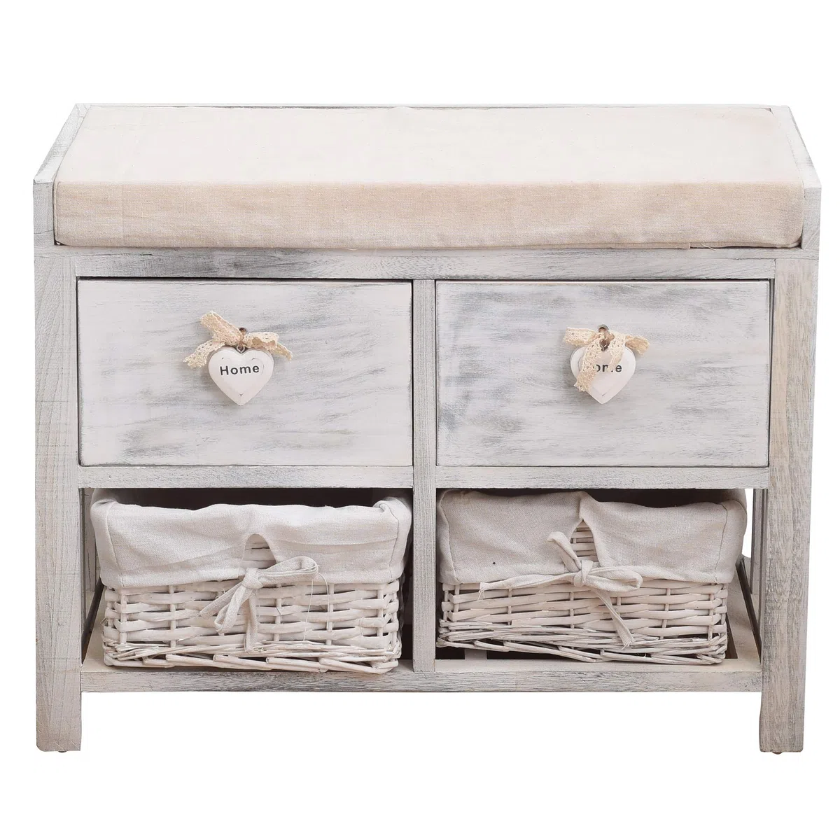 Rebecca Mobili Panchina contenitore di legno, seduta imbottita 2 cassetti e 2 ceste vimini, bianco, stile vintage, arredo camera bagno - Misure: 46 x 60 x30 cm (HxLxP) - Art. RE4553