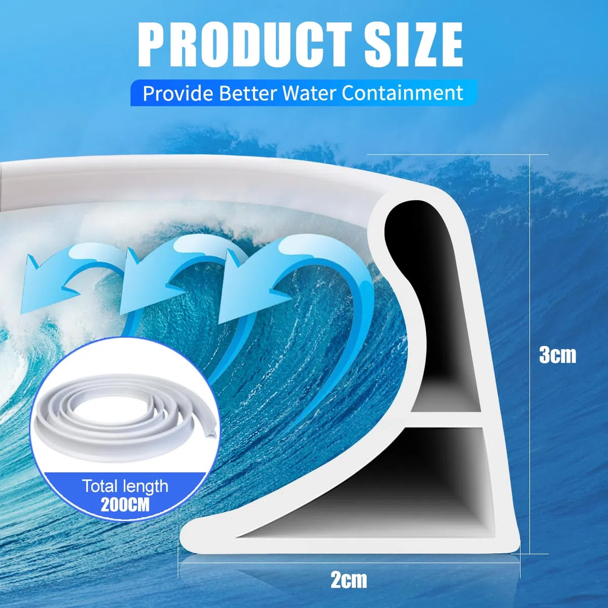2M Soglia Doccia, Silicone Barriera Acqua Impermeabile Autoadesivo, Pieghevole Bordo Vasca da Bagno Pieghevole Barriera per Doccia, Cucina, Bagno (3 x 2 CM) (Bianco, 2M 2CM*3CM)