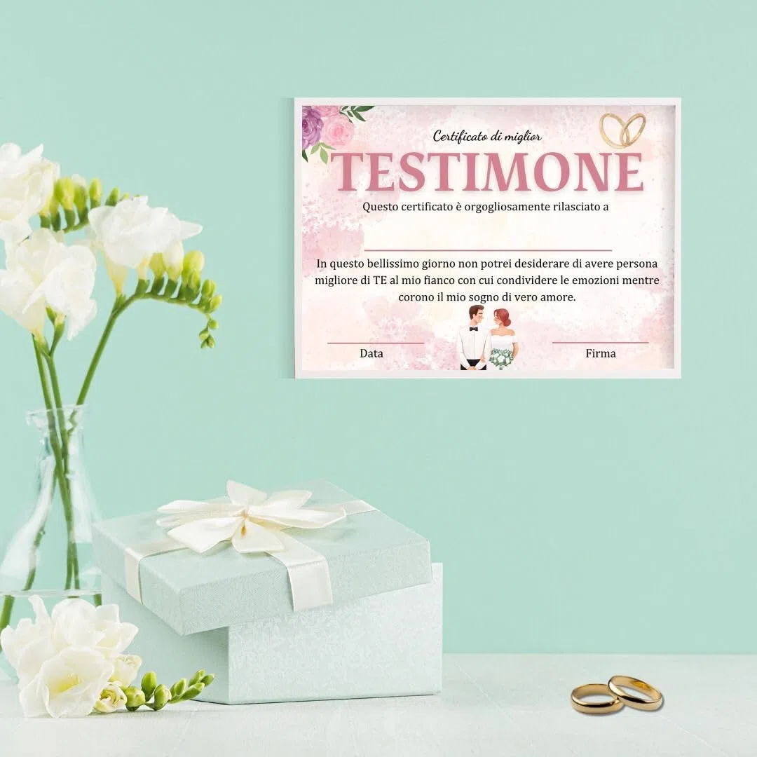 Diploma Miglior Testimone del Mondo con Cornice, Regalo Testimone di Nozze, Certificato di Miglior Testimone Personalizzato, Attestato Damigella (TESTIMONE F)