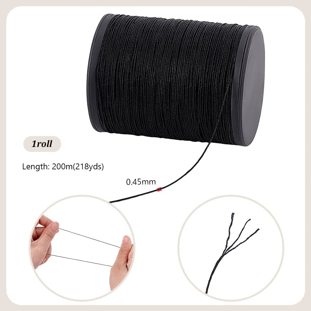PH PandaHall 200m Corda in Filo di Lino Cordino Cerato in Lino Naturale, 0.45mm Nero Filo Cerato Macrame per Rilegatura di Libri Cuoio Cucito Artigianato Fai Da Te