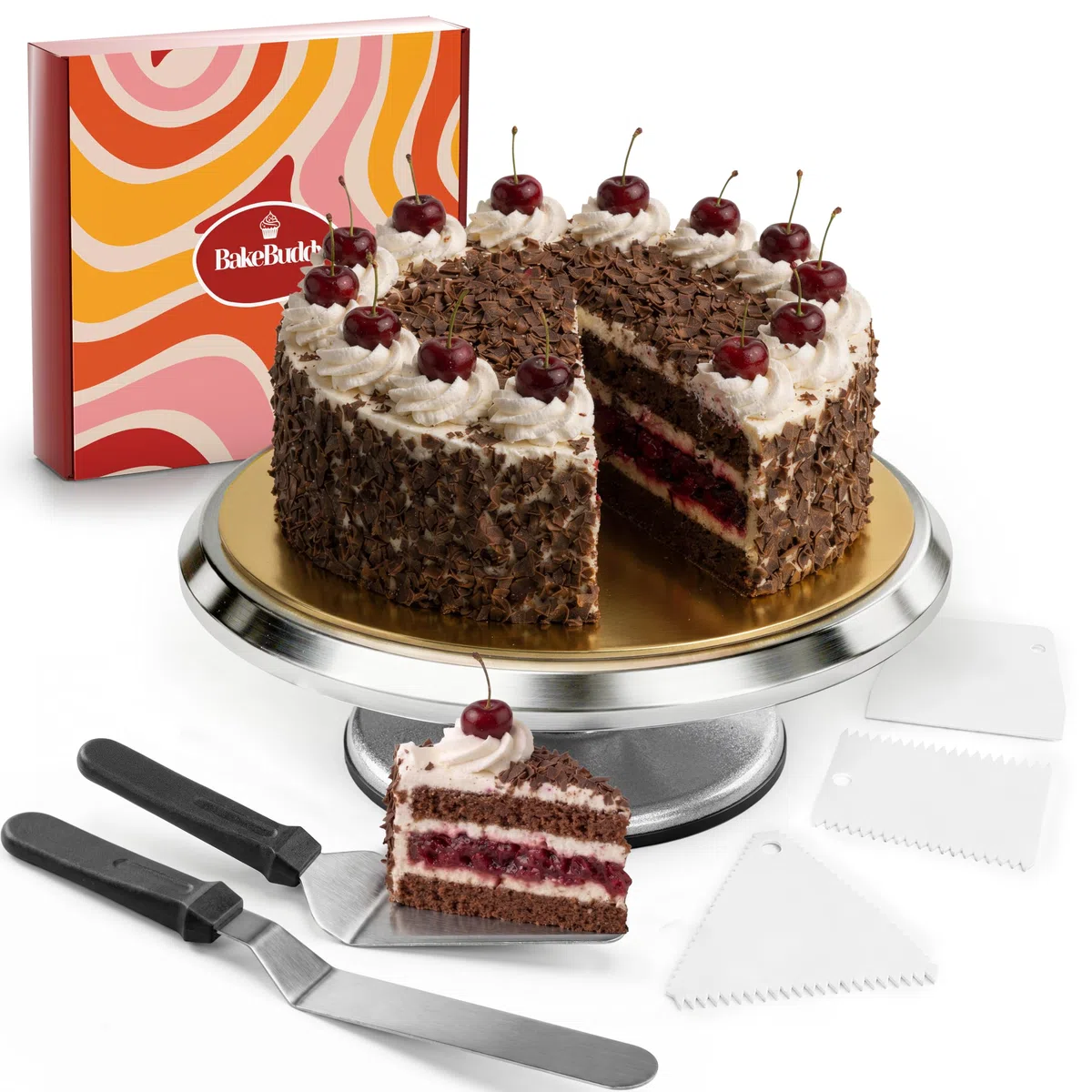 Piatto girevole per torte Set – Giratorta Professionale da 30 cm in alluminio con base antiscivolo incl. 2 palette angolari e 3 spatole da pasticceria in acciaio inossidabile