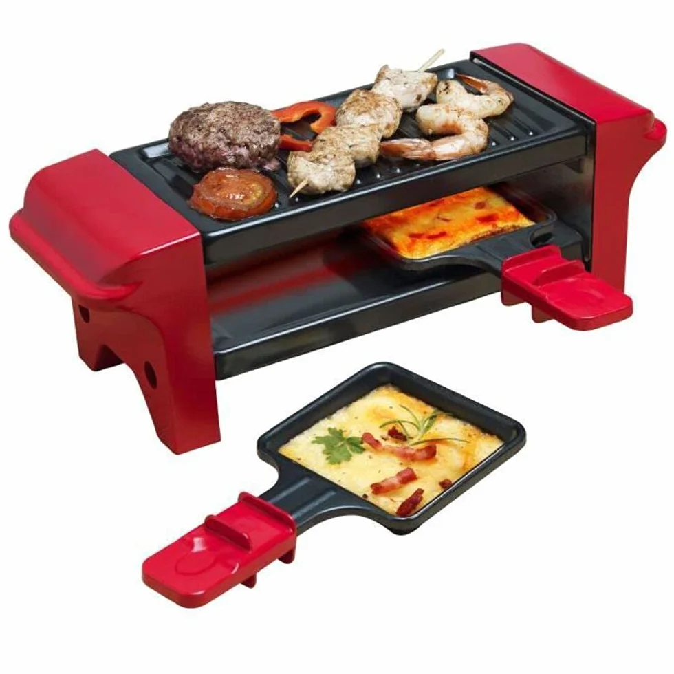 Bestron Mini Raclette per 1-2 Persone, Mini griglia da tavolo con 2 padelline e 2 spatole in legno, Piastra per Raclette con 350 watt, colore: Rosso/Nero
