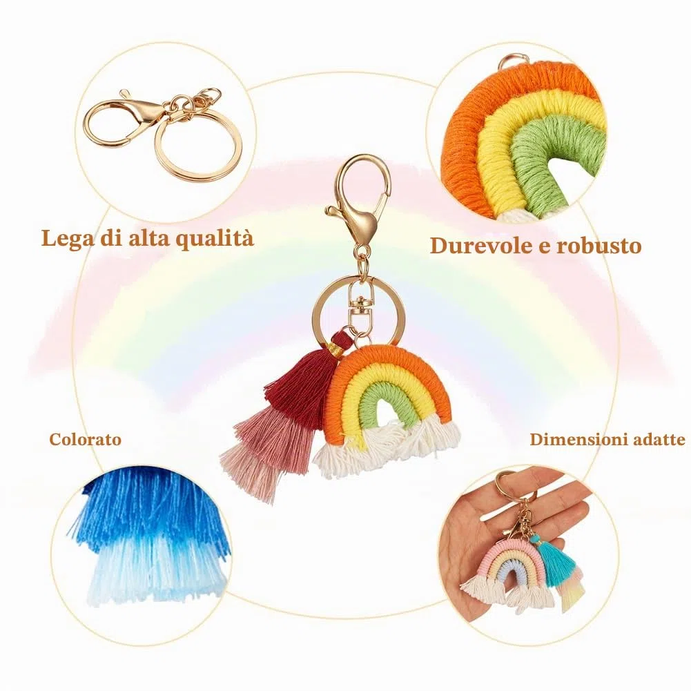 FASHEWELRY 15 portachiavi arcobaleno con nappe macramè, nappe arcobaleno, in cotone intrecciato, con chiusura a moschettone, per la creazione di gioielli fai da te