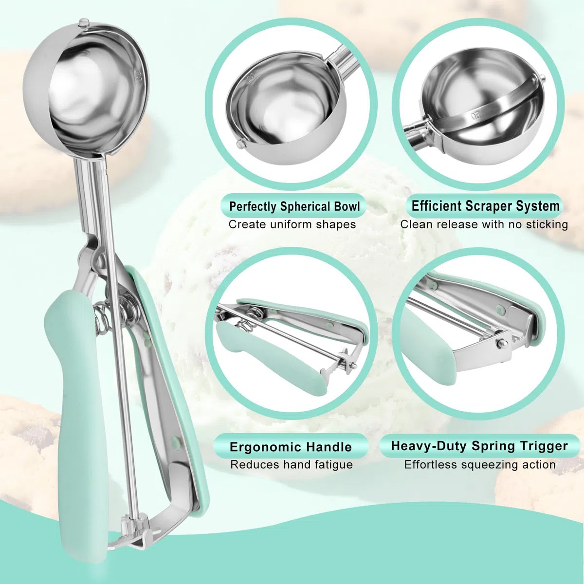 Set di 2 Porzionatori per Gelato e Impasto Biscotti in Acciaio Inox 18/8, Cucchiaio Dosatore con Impugnatura Morbida Ergonomica e Sistema a Molla per Cupcake, Muffin, Polpette - Rosa & Verde Menta