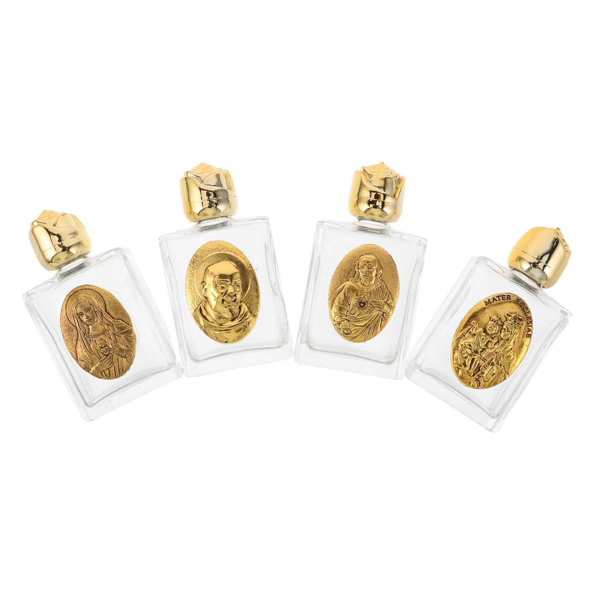 PRETYZOOM Set da 4 Bottigliette in Vetro Goffrato da 15 Ml per Acqua Santa Struttura in Lega Dorata Contenitori da Viaggio per Eventi Religiosi Matrimoni e Decorazioni Cristiane
