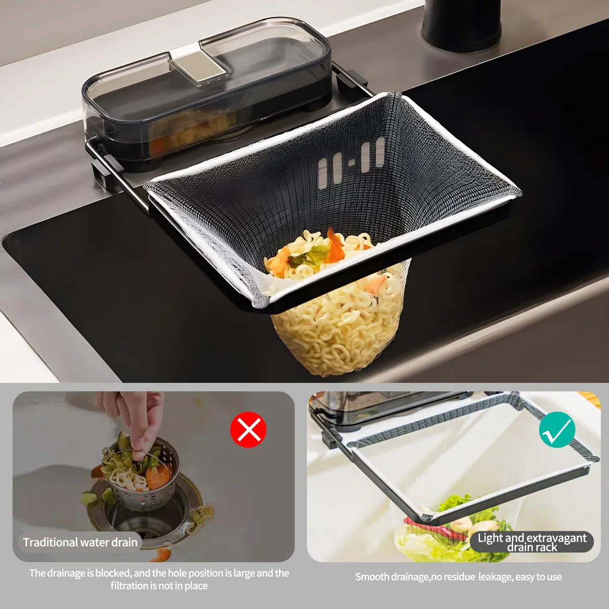 Colino per lavello in ferro scolapasta rimovibile assorbente per la cucina con 50 sacchetti filtranti lavandino scolapasta cucina per filtrare verdure frutta rifiuti cucina (bianco argento)