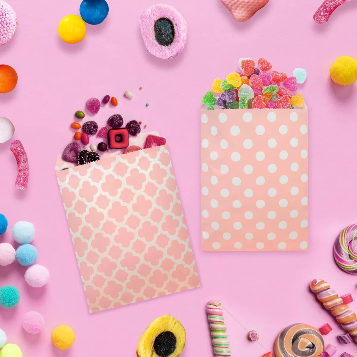 112 Accessori Candy Bar: 100 Sacchetti, 6 Pinze, 2 Paletti, 3 Fogli Adesivi e 1 Decorazione Rosa