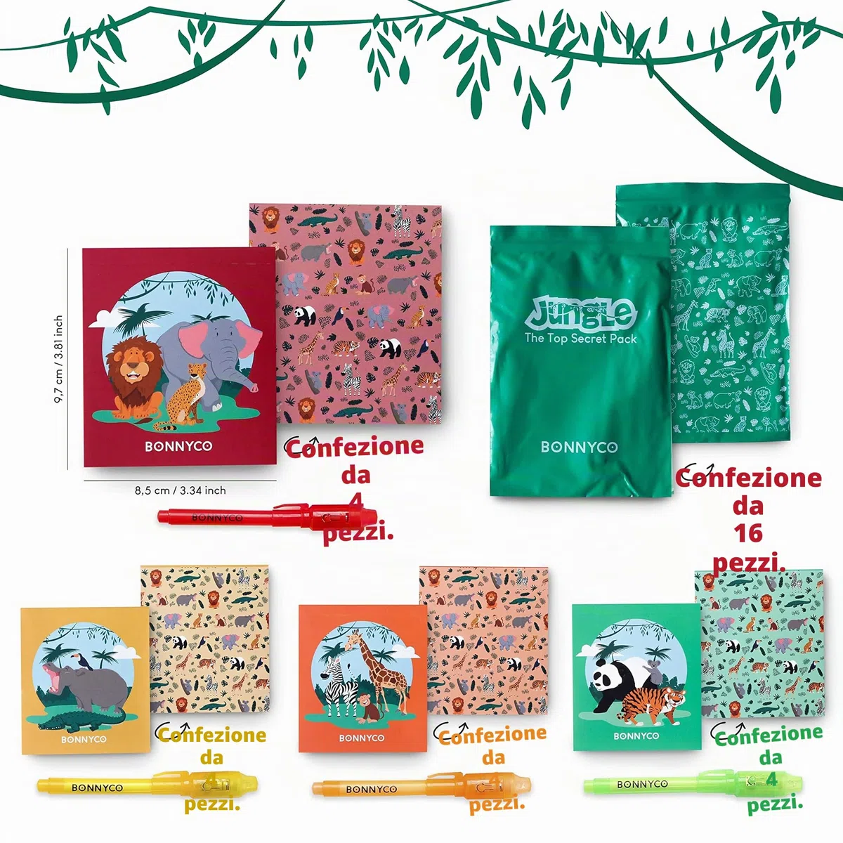 BONNYCO Penna Invisibile e Taccuino, 16 Pezzi Animali Giungla Gadget Compleanno Bambini. Regalini Fine Festa Compleanno Bambino, Regalino Fine Festa Pignatta. Penne Magiche, Gadget Bambini Animali