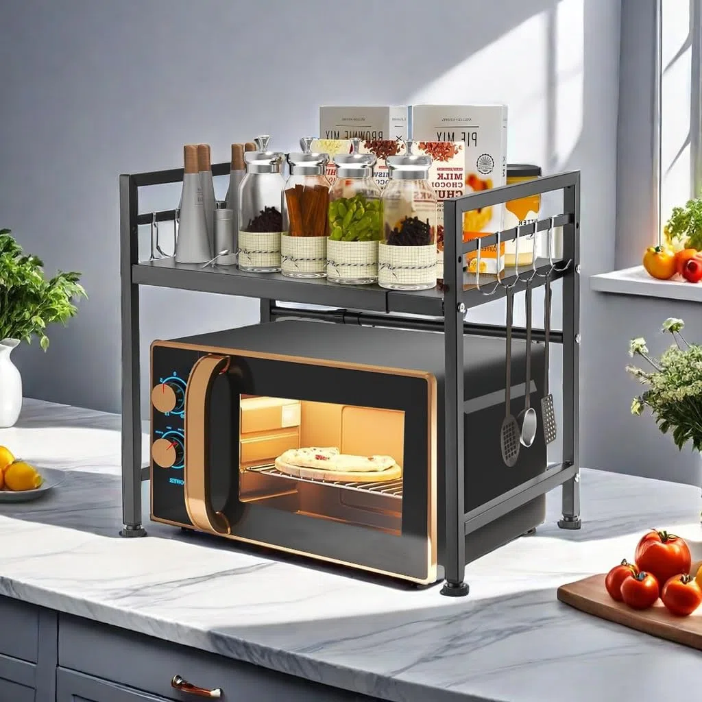 Mensola Microonde Estensibile 40-65 cm, Regolabile Due Livelli Microonde Scaffale, Acciaio Carbonio Ripiano Contatore Cucina Organizzatore Ripiani, 6 Ganci, Carico Pesante 60lbs (Nero)