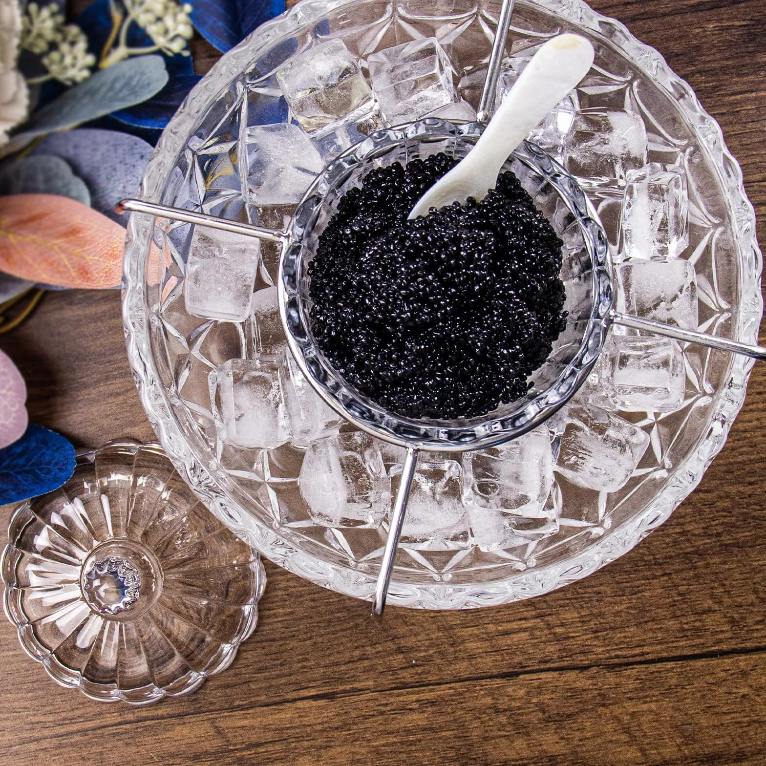 DUEBEL Set di posate per caviale con 2 cucchiai in madreperla, ciotola da portata elegante con motivo a goccioline per caviale, gamberetti e altro in cucina, ristorante e catering eventi