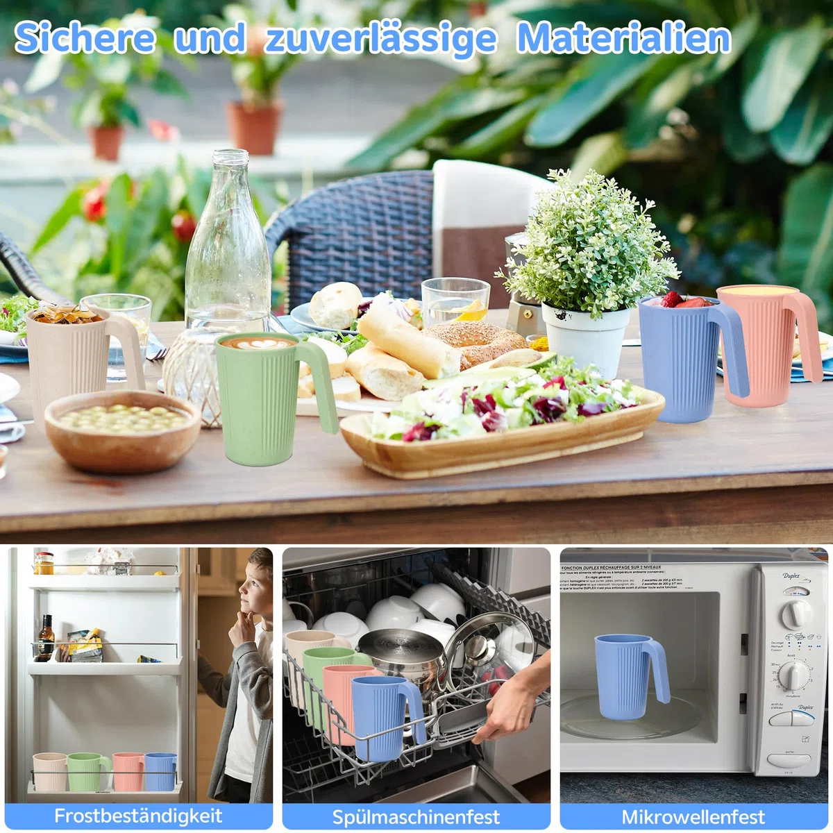 Tazza di Bevanda Infrangibile, Set di 4 Tazze di Bevanda set 350ml Tazza con Maniglia Riutilizzabile Infrangibile per I Bambini e Gli Adulti Tazze di Plastica Variopinte per Tè Caffè BPA Libero