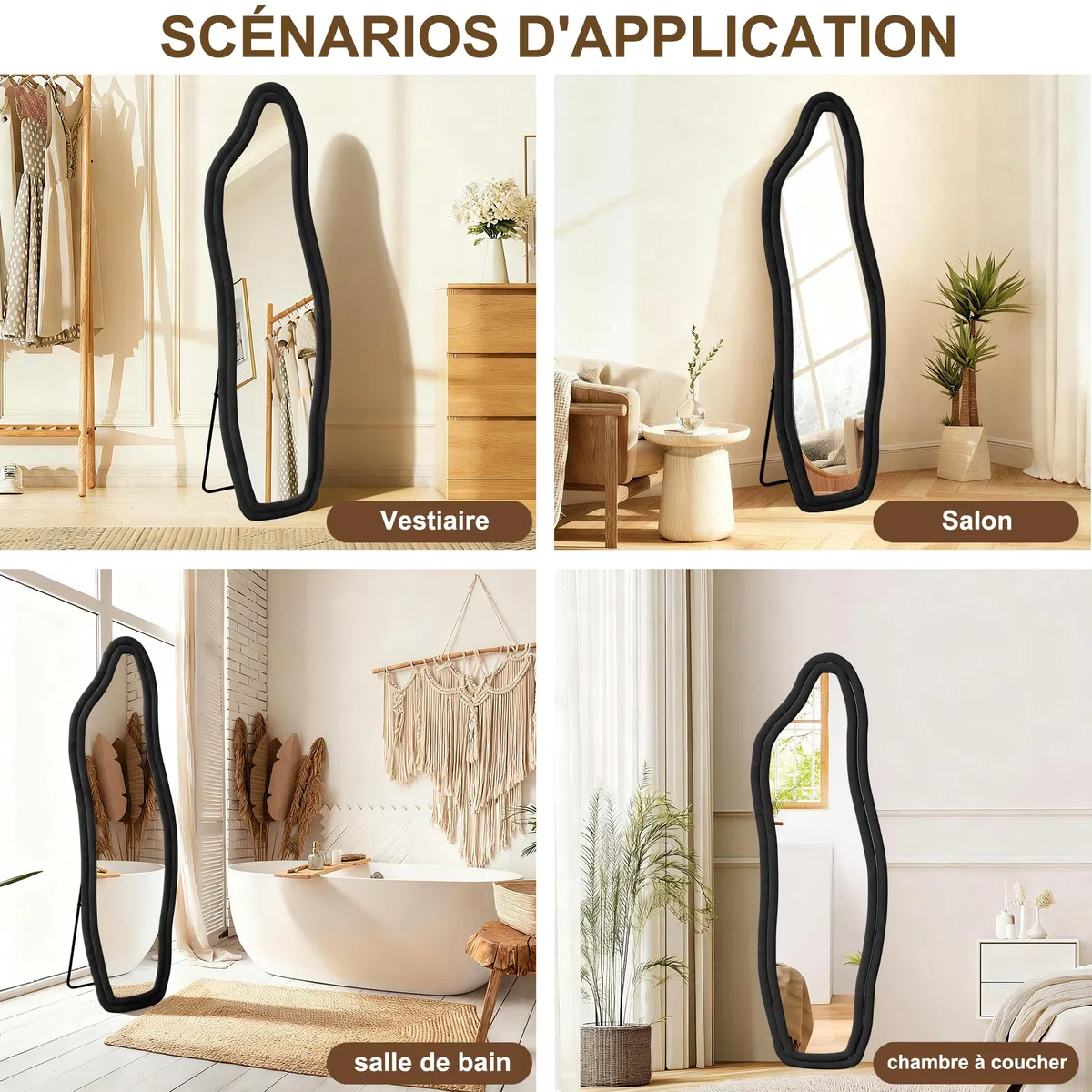 Specchio su irregolare,160x50cm,specchio a piena lunghezza,grande specchio da parete con cornice in velluto nero e supporto,da appendere,in piedi,inclinabile per camera da letto, soggiorno, ingresso
