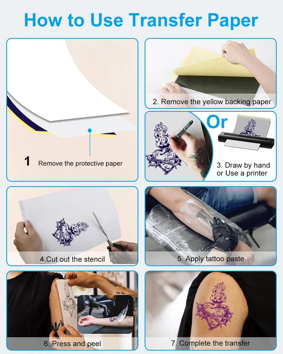 Phomemo Carta di Trasferimento per Tatuaggi, 50 Fogli di Carta per Stencil, Formato A4, 210 x 297 mm, per Tatuaggi Temporanei