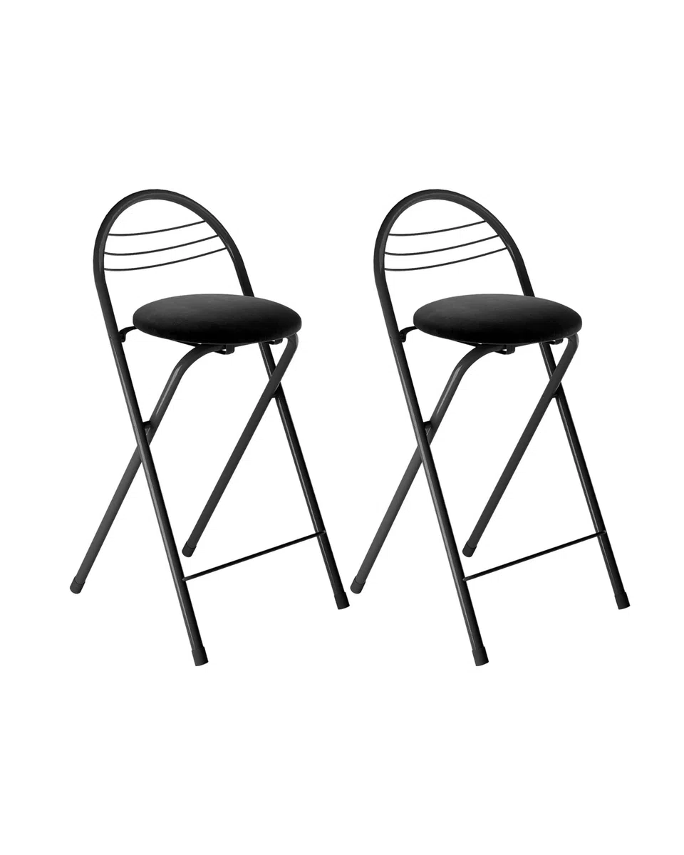 Set di 2 Sgabello Pieghevole in Metallo con Seduta in Morbido Velluto, Portatile Sedia Nera con Schienale e Poggiapiedi, Sgabelli da Bar, Cucina, Giardino, Altezza 60 cm