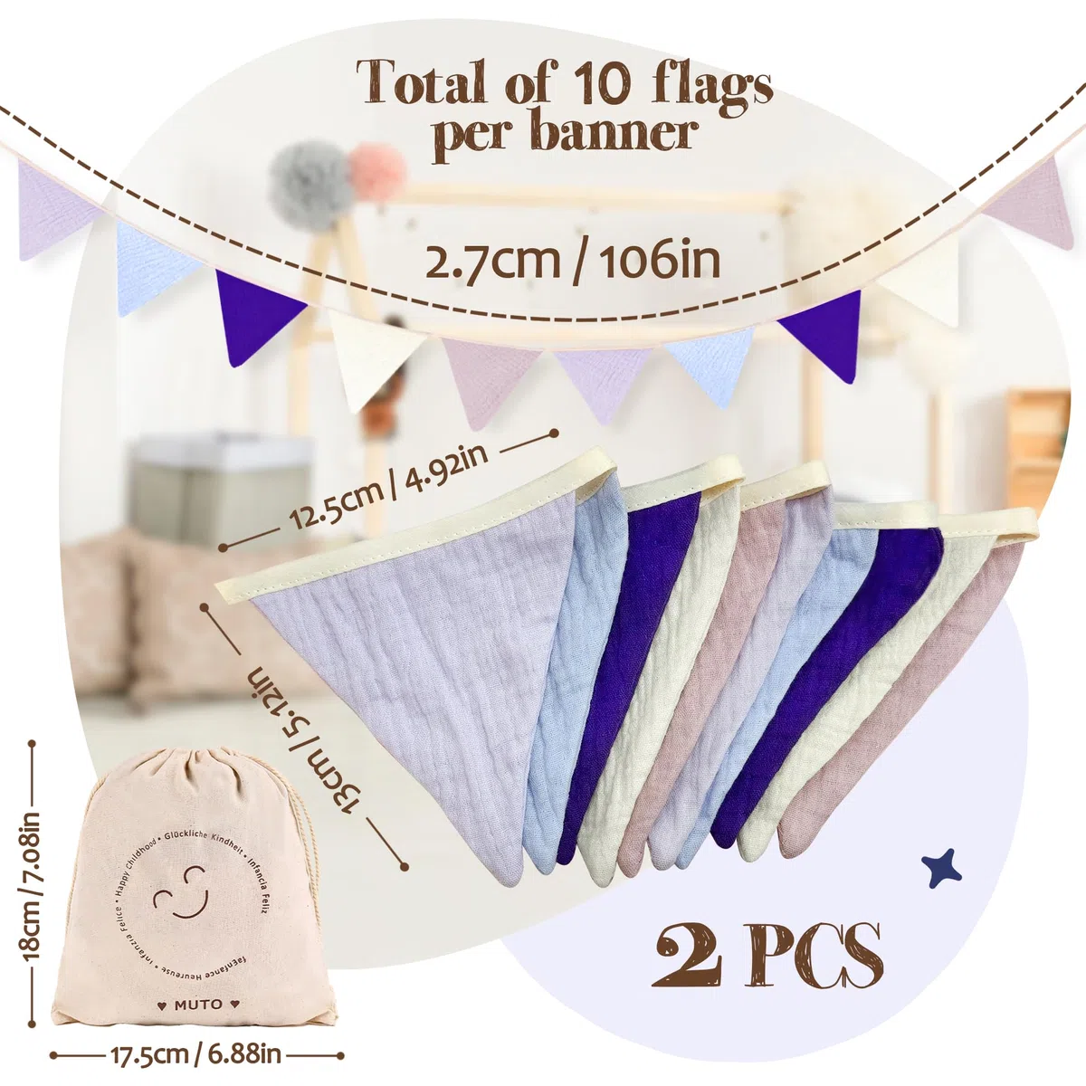 Bandierine per Cameretta dei Bambini, 2.8M Bandierine Colorate in Tessuto, Ghirlanda per la Cameretta dei Bambini, Decorazione da Parete per feste e compleanni (viola)