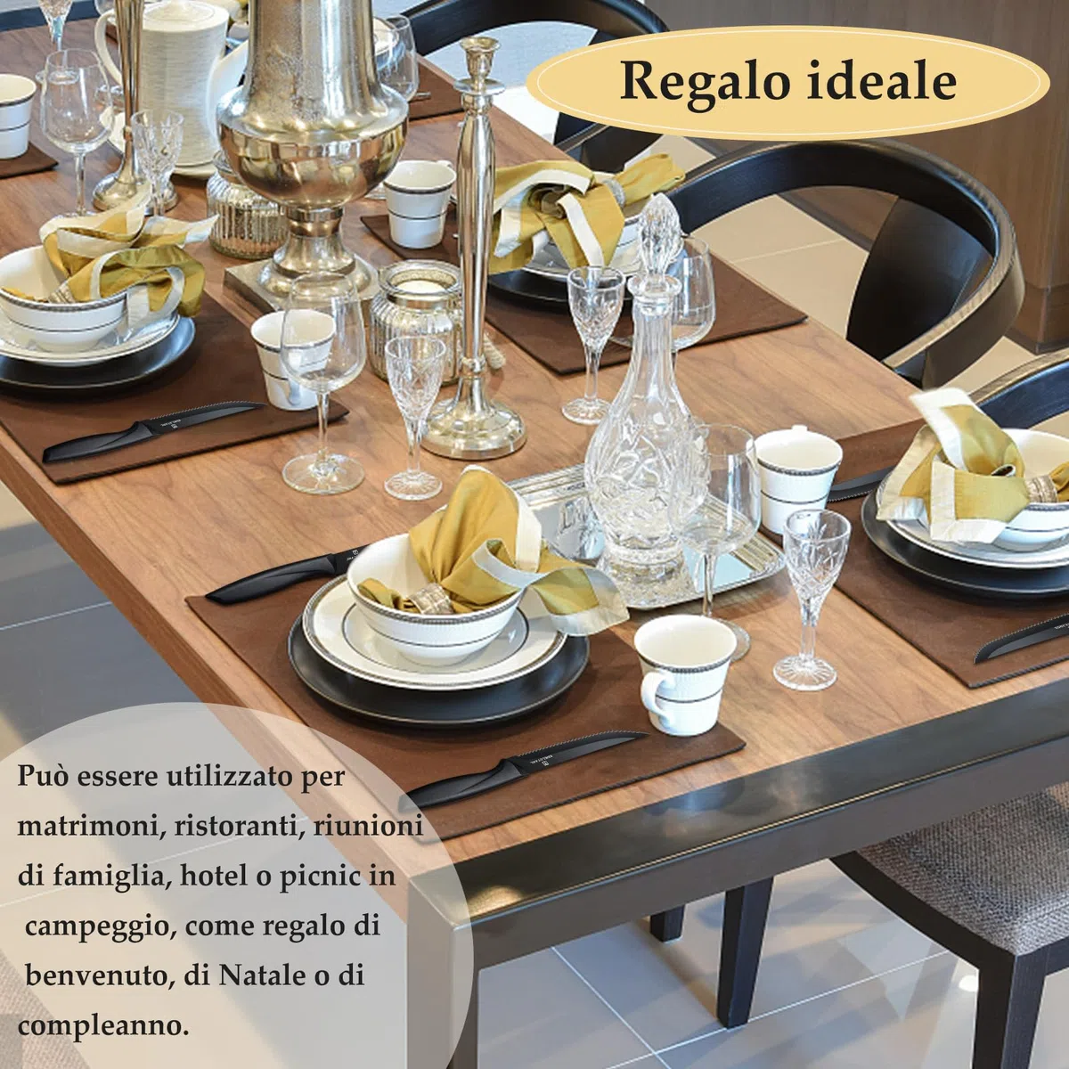 Coltello da cucina professionale, set di 6 coltelli da bistecca, coltello da bistecca in acciaio inox di alta qualità, coltelli da tavola resistenti, utensili da cucina neri