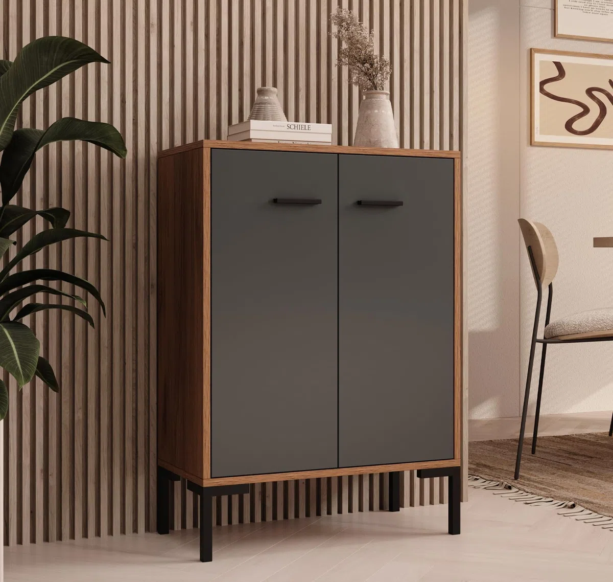 MB Muebles Bonitos, Credenza piccola Lander L15, Stile Moderno, Madia bassa multiuso con 2 ante, Colore Noce e Grigio, 60x84x30cm
