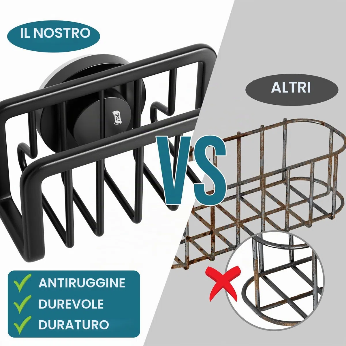 TAILI Supporto per spugna per lavello con forte ventosa, supporto in alluminio antiruggine per spugne, tenere in ordine la cucina, spazzola per piatti organizzatore - Nero