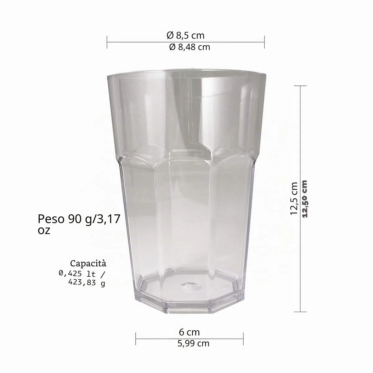 OMADA Design Set di 6 Bicchieri bar, per Cocktail, da bibita o long drink 42,5 cl, altezza 12,5 cm in plastica, infrangibili, impilabili forma ottagonale e lavabili in lavastoviglie linea Unglassy
