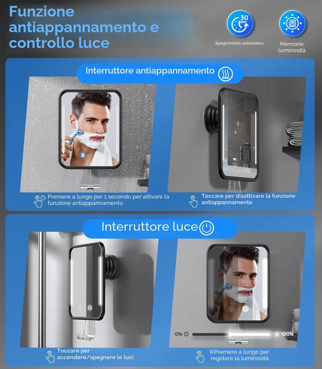 Gospire Specchio da doccia riscaldato, anti-appannamento, per rasatura con luce, batteria ricaricabile da 5000 mAh, ventosa rimovibile e supporto per rasoio da parete, senza foratura, rimovibile