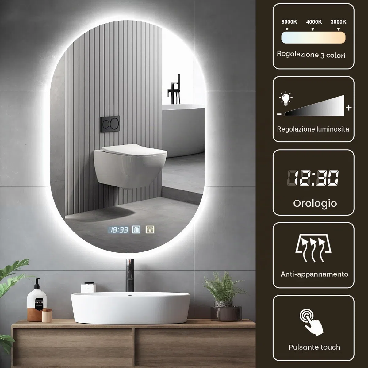 Viugreum Specchio da bagno con illuminazione 50x75cm, Specchio da bagno ovale a LED, Dimmerabile 3 colori della luce, Antiappannamento, Orologio, Interruttore touch, Specchio da bagno LED con