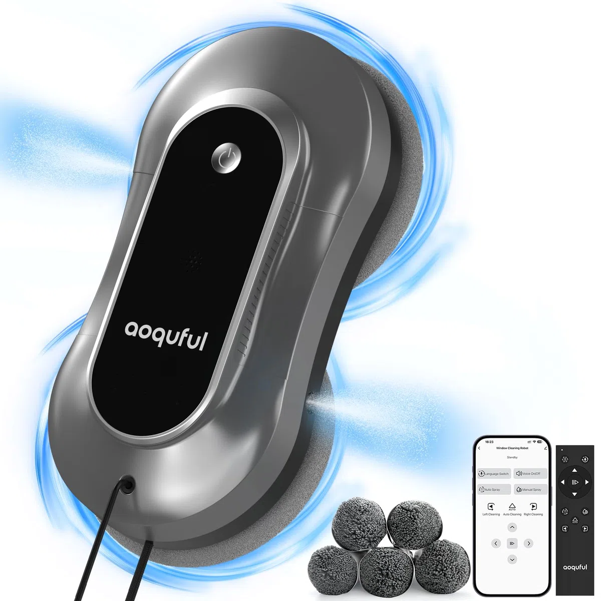 Robot Lavavetri Intelligente - Pulitore Elettrico con Doppio Spruzzo d'Acqua, Controllo Remoto e App, Adatto per Vetri Interni ed Esterni, Include 12 Panni, Grigio