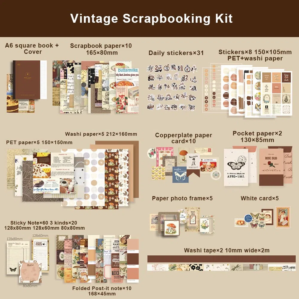 155 Pezzi Set Bullet Journal Accessori con Taccuino A6,kit di Accessori per Scrapbook Vintage,Journaling Kit Estetico Bullet Junk Journal Set,Completo Scrapbooking Kit Adesivi Sticker per DIY
