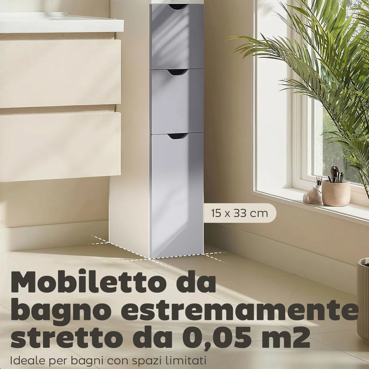 HOMCOM Colonna Bagno, Mobile Bagno Salvaspazio in Legno, Mobiletto con Armadietto, Ripiani e Cassetti, 15x33x136.8 cm, Grigio Chiaro
