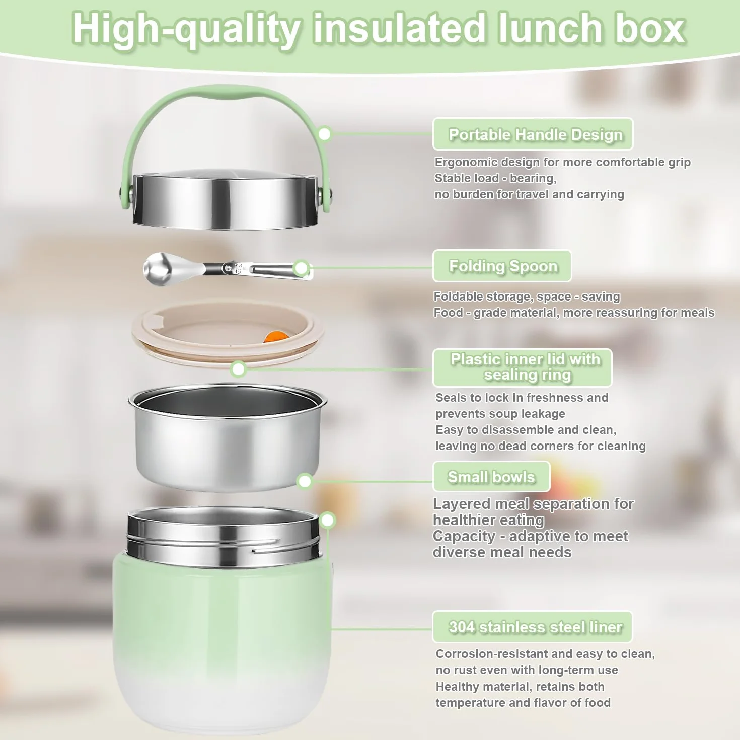 Contenitore Termico per Alimenti 1200 ml,Thermos per Alimenti Porta Pappa,ciotola termica con coperchio con cucchiaio pieghevole,Adatto per la conservazione di farina,zuppa,pranzo,formaggio (Verde)
